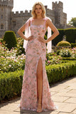 Floral Sequin Mermaid Pink Prom Dress with Bow