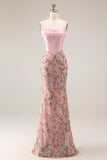 Strapless Basque Waist Floral Pink Bowed Prom Dress