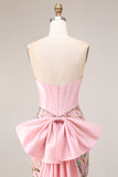 Strapless Corset Floral Pink Mermaid Beaded Prom Dress