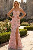 Strapless Mermaid Corset Pink Floral Prom Dress