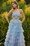 Blue Floral Tiered Corset Maxi Prom Dress