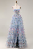 Blue Floral Tiered A-Line Corset Tulle Prom Dress With Slit