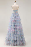 Blue Floral Tiered Corset Maxi Prom Dress
