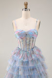 Blue Floral Tiered A-Line Corset Tulle Prom Dress With Slit