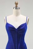 Glitter Royal Blue Corset Mermaid Prom Dress With Slit