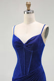 Glitter Royal Blue Corset Mermaid Prom Dress With Slit