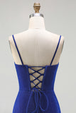Glitter Royal Blue Corset Mermaid Prom Dress With Slit
