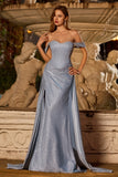 Glitter Off the Shoulder Corset Ruched Dusty Blue Prom Dress