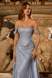 Glitter Off the Shoulder Corset Ruched Dusty Blue Prom Dress