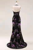 Velvet Halter Embroidered Sequin Black Floral Prom Dress