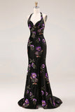 Velvet Halter Embroidered Sequin Black Floral Prom Dress