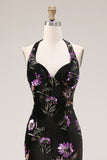 Velvet Halter Embroidered Sequin Black Floral Prom Dress