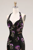 Velvet Halter Embroidered Sequin Black Floral Prom Dress