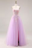 Lilac Appliqued Strapless Corset A Line Prom Dress