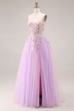 Lilac Appliqued Strapless Corset A Line Prom Dress
