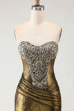 Metallic Bronze Strapless Beaded Mermaid Prom Dress With Slit