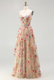 Champagne Floral Embroidered Corset A-Line Prom Dress With Slit