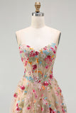 Champagne Floral Embroidered Corset A-Line Prom Dress With Slit