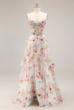 Champagne Floral Embroidered Corset A-Line Prom Dress With Slit