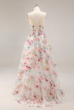 Champagne Floral Embroidered Corset A-Line Prom Dress With Slit