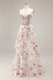 Champagne Floral Embroidered Corset A-Line Prom Dress With Slit