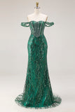 Off the Shoulder Basque Waist Dark Green Sequin Prom Dress