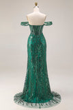 Off the Shoulder Basque Waist Dark Green Sequin Prom Dress