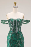 Off the Shoulder Basque Waist Dark Green Sequin Prom Dress