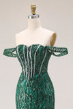 Off the Shoulder Basque Waist Dark Green Sequin Prom Dress