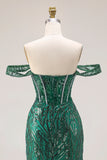 Off the Shoulder Basque Waist Dark Green Sequin Prom Dress