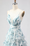 Blue A-Line Tiered Floral Prom Dress With Slit