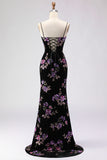 Black Mermaid Lace Up Back Sequin Prom Dress With Slit