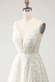 White Yellow Flower A-Line V-Neck Maxi Prom Dress