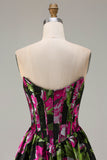 Black Strapless A-Line Corset Print Floral Maxi Prom Dress