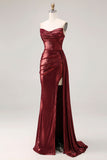 Metallic Burgundy Strapless Ruched Prom Dress