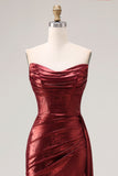 Metallic Burgundy Strapless Ruched Prom Dress