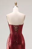 Metallic Burgundy Strapless Ruched Prom Dress