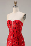 Sparkly Red Mermaid Strapless Maxi Prom Dress With Slit