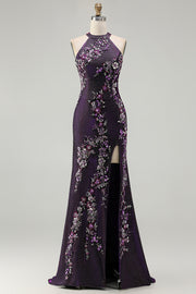 Glitter Grape Halter Beaded Mermaid Prom Dress With Slit