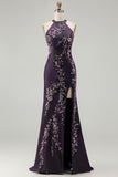 Glitter Grape Halter Beaded Mermaid Appliqued Prom Dress