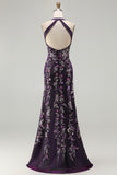 Glitter Grape Halter Beaded Mermaid Appliqued Prom Dress