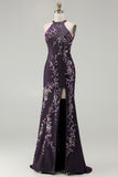 Glitter Grape Halter Beaded Mermaid Prom Dress With Slit