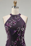 Glitter Grape Halter Beaded Mermaid Prom Dress With Slit