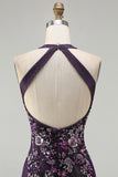 Glitter Grape Halter Beaded Mermaid Prom Dress With Slit
