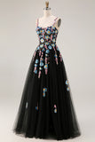 Black A-Line Sequin Spaghetti Straps Tulle Prom Dress With Slit