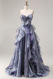Sparkly Strapless A Line Ruffled Dusty Blue Prom Dress