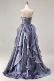 Sparkly Strapless A Line Ruffled Dusty Blue Prom Dress