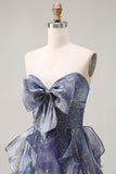Sparkly Strapless A Line Ruffled Dusty Blue Prom Dress