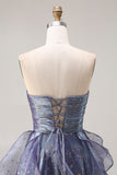 Sparkly Strapless A Line Ruffled Dusty Blue Prom Dress