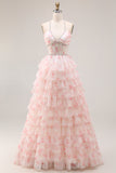 Halter Tiered Beaded Candy Pink Corset Prom Dress